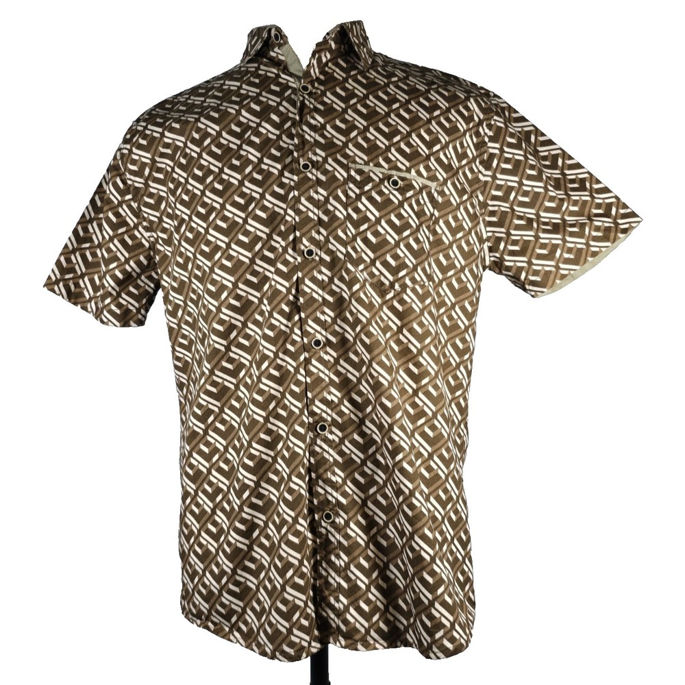 Craft + Flow Mens Shirt Large Brown & Tan 3D Geometric Short Sleeve Button Up